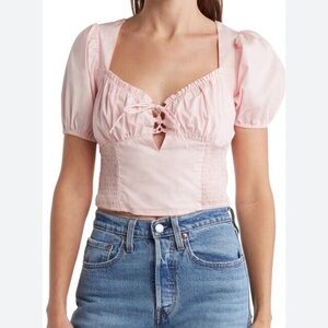 ASTR Blush Pink Poplin Cropped Top with Puff Sleeves